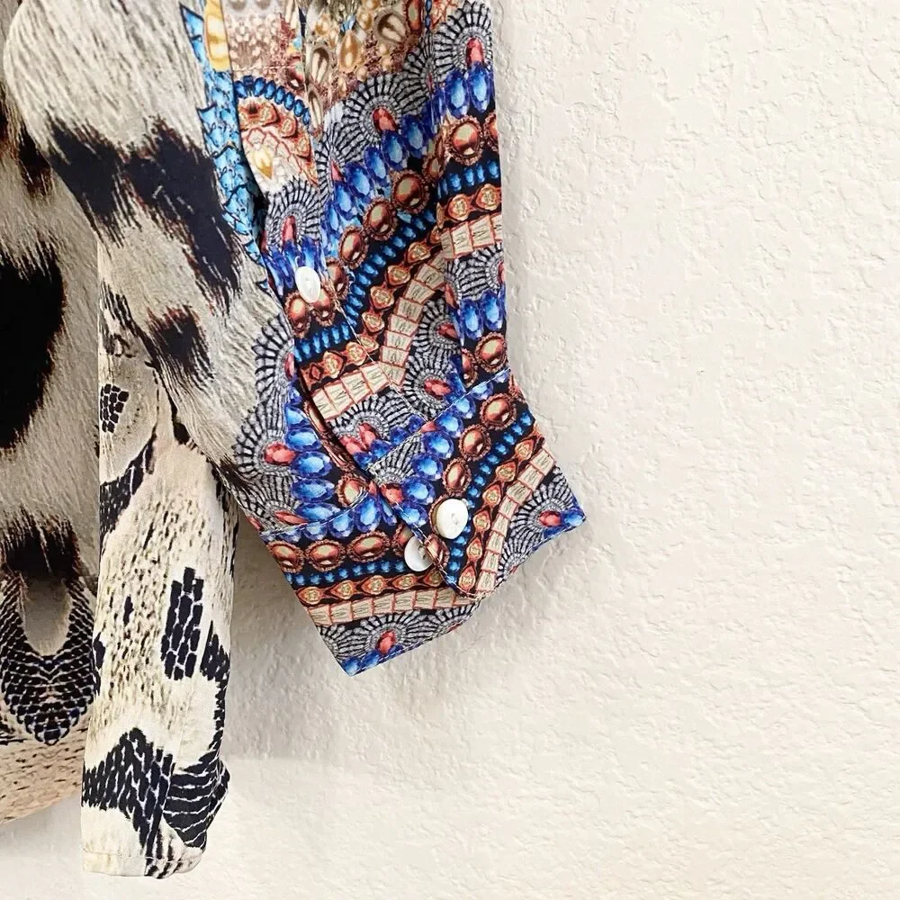 Moda Baronessa Button Up Blouse Multicolor Animal Print 100% Silk Small Tunic - Picture 9 of 10